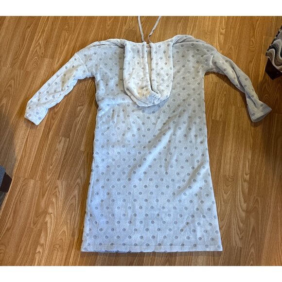 La Vie En Rose Nightgown MED Hooded Gray Polka Dot Plush Lounge Dress Pockets - Picture 2 of 9